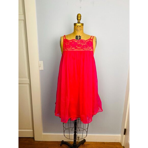 Vintage Hot Pink Babydoll Chiffon Nightgown Dress by Flair, Size M, 60s Lingerie - Picture 3 of 10